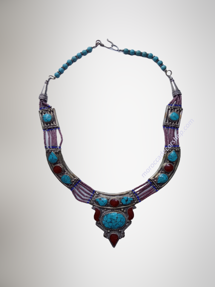 Moroccan Red and Blue Turquoise Bead Necklace-402