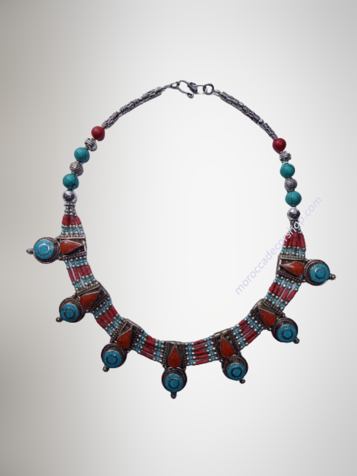 Moroccan Red and Blue Turquoise Bead Necklace-405 - moroccandecorshop.com